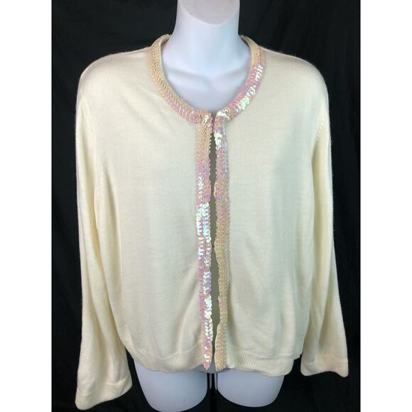 Vintage Cardigan Sweater XL Ivory Sequins Long Sleeve Fairy Coquette Y2K 90s - Picture 6 of 6